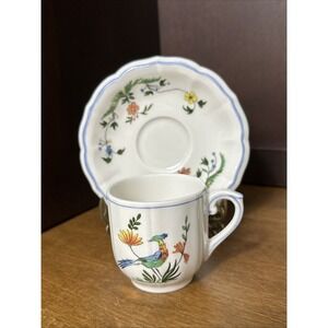 Faiencerie De Gien Demitasse Cup & Saucer Oiseau De Paradis Bird Of Paradise